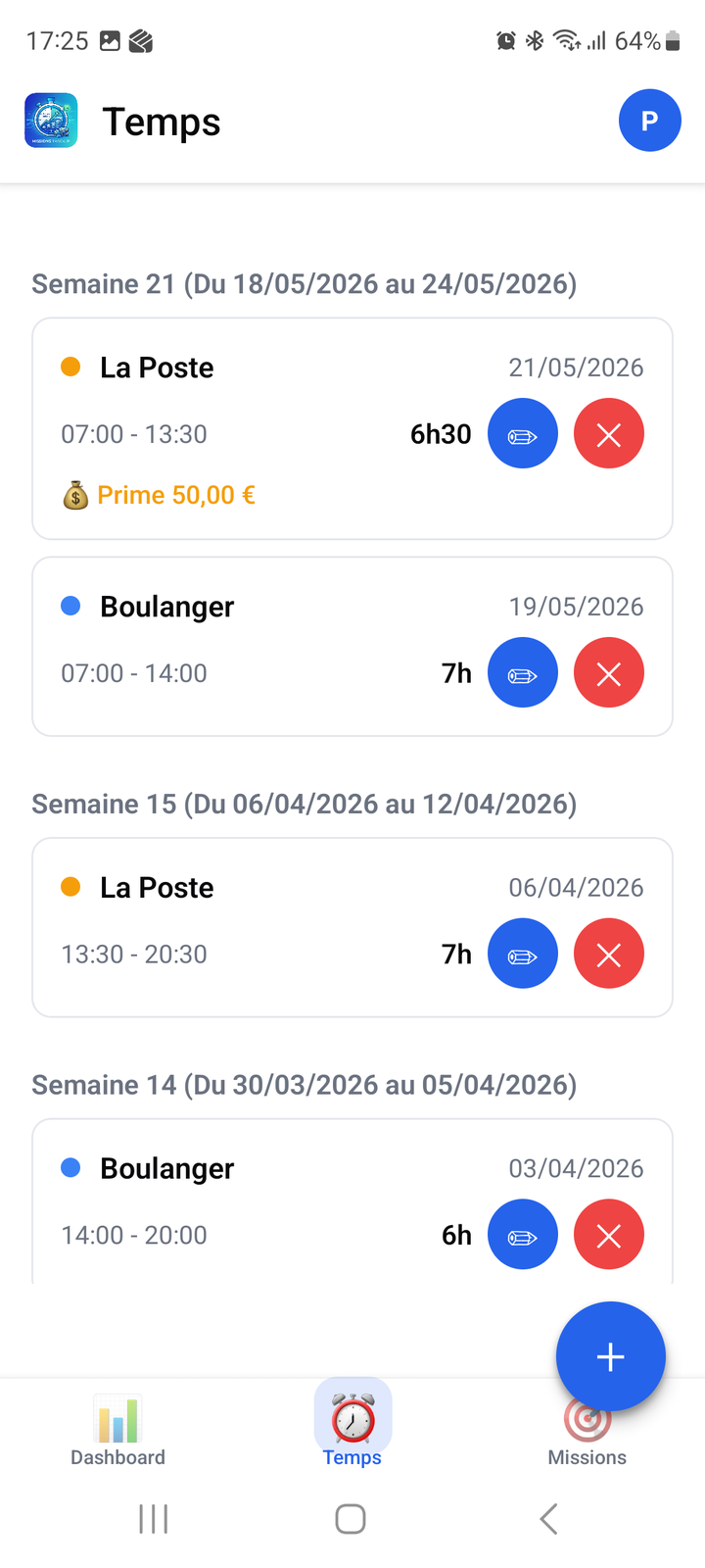 Liste des missions avec chronomètre