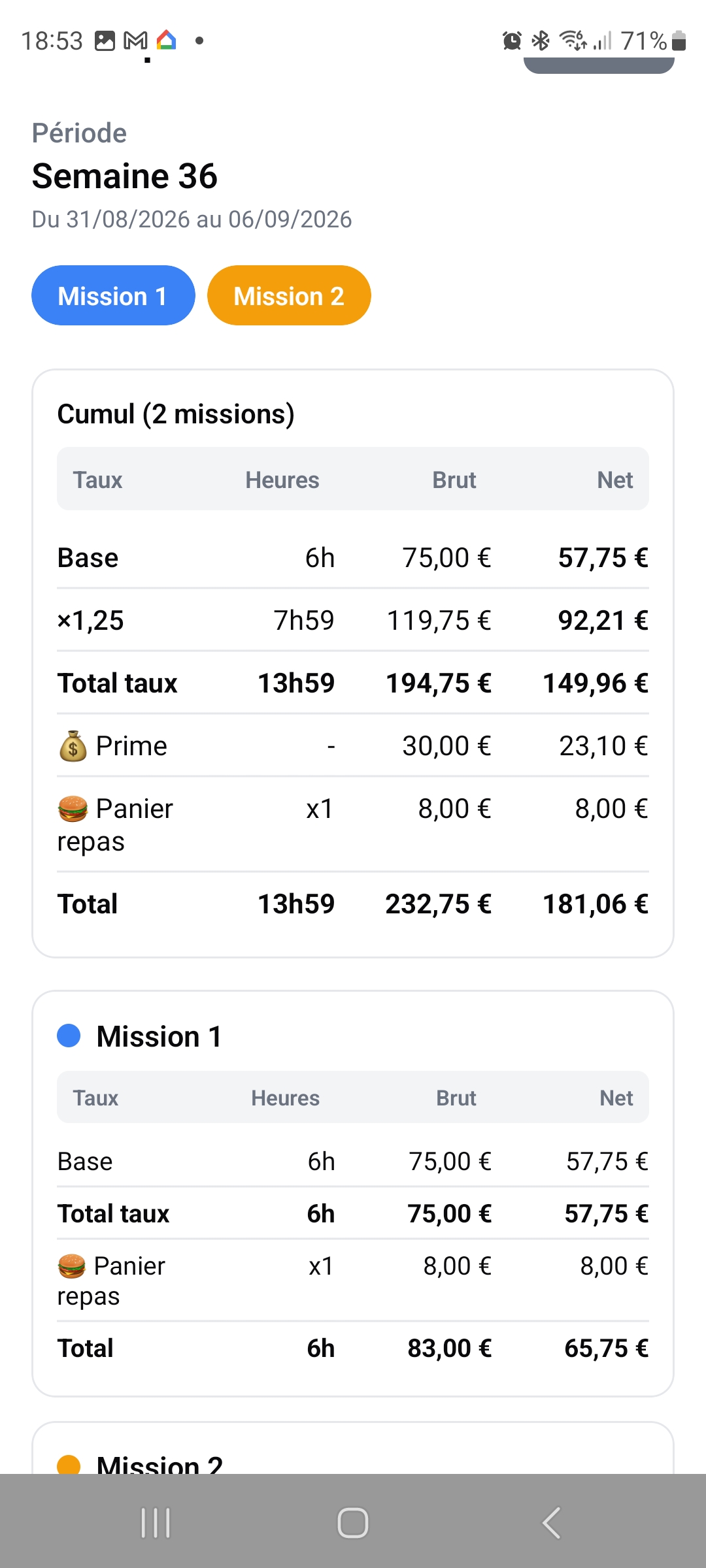 Détail du salaire par taux horaire, sur une semaine