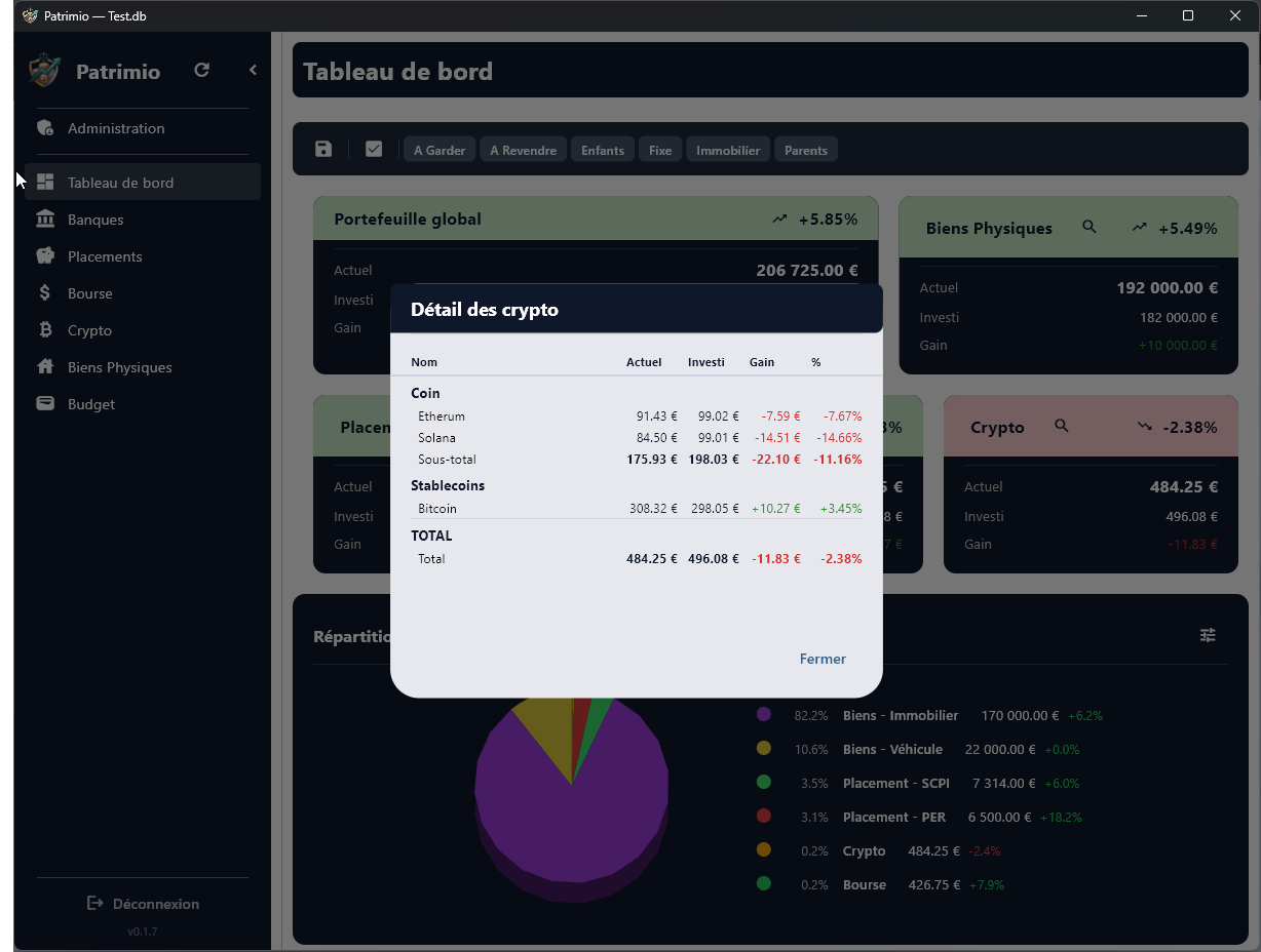 Détail des cryptomonnaies depuis le tableau de bord